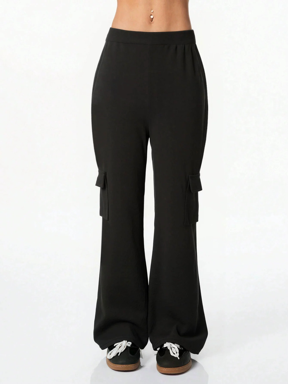 ZARA Black Womens Elastic Waist Flared Pants Side Pockets Casual Spring Fall